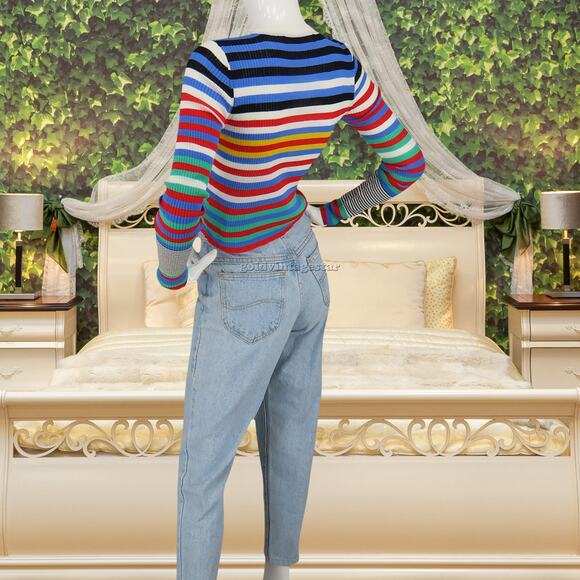 Diane von Furstenberg Striped Rainbow Knit Stretchy Top M - Picture 9 of 10